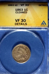1863 - ANACS VF30 (CLEANED) INDIAN HEAD CENT!! #B12193 - Picture 1 of 2
