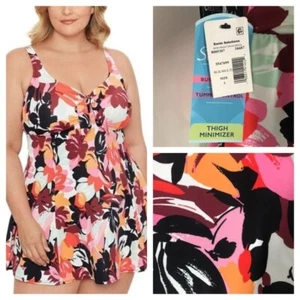 Swim Solutions Black Plus Size Botanical Bow-front Swimdress - Picture 1 of 7