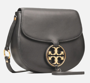 AUTH NWT Tory Burch Miller Gold Metal Logo Smooth Leather Saddle Bag In Black