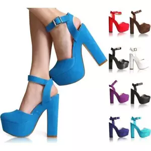 Womens Ladies Platform Sandals Block High Heel Chunky Pointed Toe Ankle Strap - Picture 1 of 49