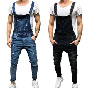 Herren Latzjeans Ripped Denim Overall Latzhose Jeans Denim Skinny Fit Dungarees - Bild 1 von 8