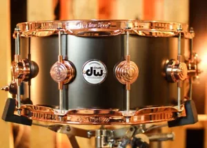 DW 6.5x14 Collector's Satin Black over Brass Snare Drum w/ Copper Hardware - Picture 1 of 7