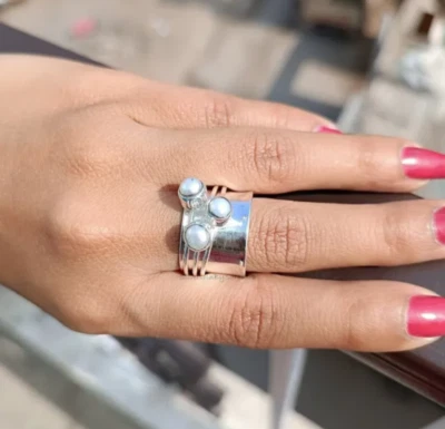 925 Sterling Silver Ring Pearl Gemstone Spinner Ring Handmade Statement Ring - Image 1 of 4