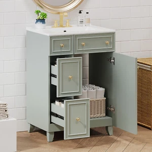 24" Bathroom Vanity w/Ceramic Sink, 2 Drawers, Freestanding Small Vanity Cabinet - Picture 1 of 21