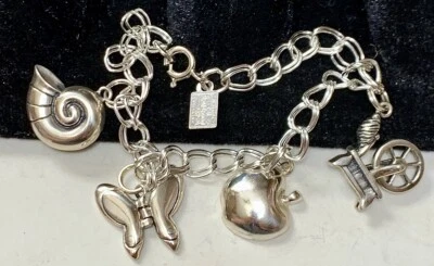 Disney Store Sterling Silver Charms & Bracelet Apple Butterfly Spinning Wheel 7” - Image 1 of 4
