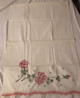 Vintage Hand Embroidered Standard Size Pillows Cases Set Of Two Rose Pattern