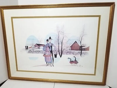 Триптих осенний горбатый мост фермерский сарай гуси с подписью Buckley Moss # - Изображение 1 из 4