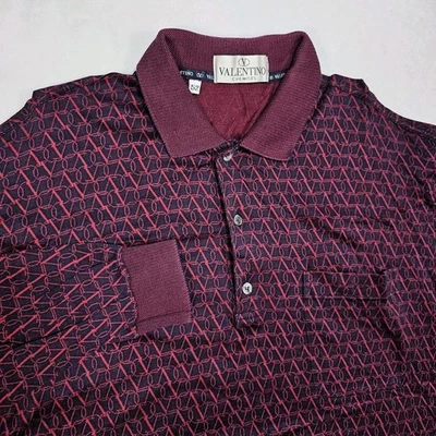 Vtg Valentino Chemises Monogram Polo Shirt Men XL Knit All Over Print Mercerized - Image 1 of 4