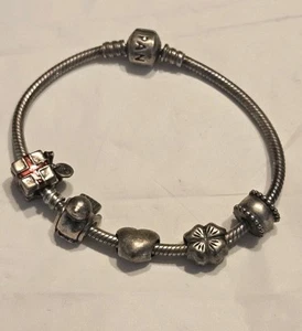 Pandora W/ 5 Charms Silver Barrel Clasp Snake Chain 6.5in Bracelet 34Grams - Picture 1 of 12