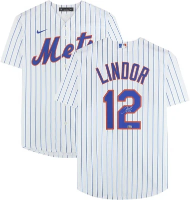 Camiseta deportiva Nike blanca autografiada por Francisco Lindor de los New York Mets Foto 1 de 4