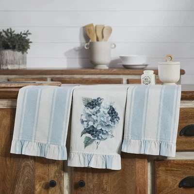 Finders Keepers Hydrangea Ruffled Tea Towel Set of 3 19x28 VHC Brands