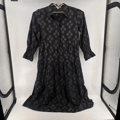 Vestido Camisa Chicos Maxi Feminino Tamanho 2 EUA 12 Preto Dourado Jacquard Lurex Camadas - Imagem 1 de 4