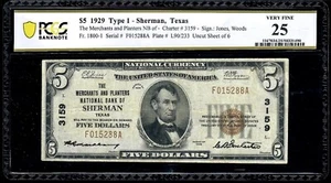 1929 $5 The Merchants and Planters National Bank of Sherman, TX PCGS 25 - Picture 1 of 3