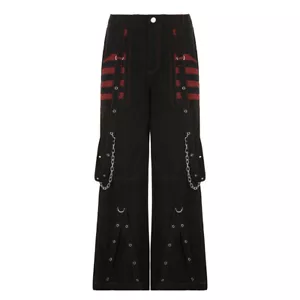 Pantalones de Pierna Punk Malla Empalme Bolsillos Vendaje Cadena Pantalones Sueltos Mujeres Anchos - Imagen 1 de 10
