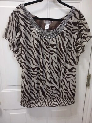 Soulmates Sheer Poly Top sz. 3X  Ruffle Sleeves Animal Stripes Brown/White NWT - Image 1 of 4