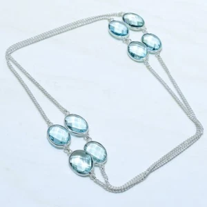 Collar de joyería de plata étnica hecha a mano con piedras preciosas de topacio azul 36" NRJR3793 - Imagen 1 de 2