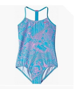 Nike Swimwear Girl's Blue Stretch Swoosh Logo One-Piece Swimsuit Size M  10470 - Picture 1 of 1