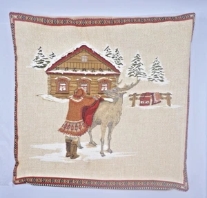 Hines of Oxford Pillowcase Tapestry Cover 18"x18" Winter Girl Riding Reindeer - Picture 1 of 16
