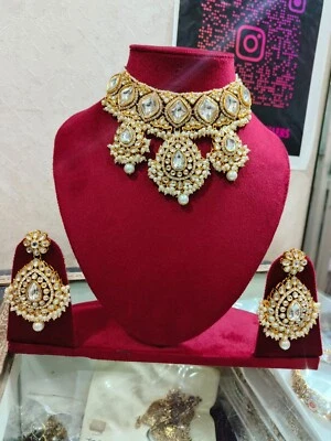 Gargantilla Kundan india Bollywood chapada en oro collar nupcial pendientes conjunto de joyería Foto 1 de 4
