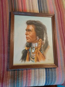 Seltenes Vintage signiertes Ölgemälde Indianer Indianer 22,5" x 18,5" GC - Bild 1 von 8