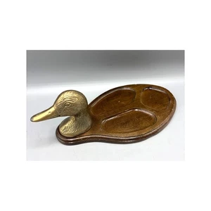 Vintage Brass Duck Head Wood Valet Tray Trinket Dish Candy Bowl Decorative - Picture 1 of 8