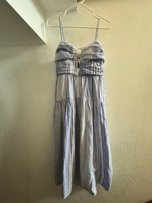 Maxi Vestido Lucky Brand Algodón Lino Azul Blanco Rayas Talla Mediana  Foto 1 de 4