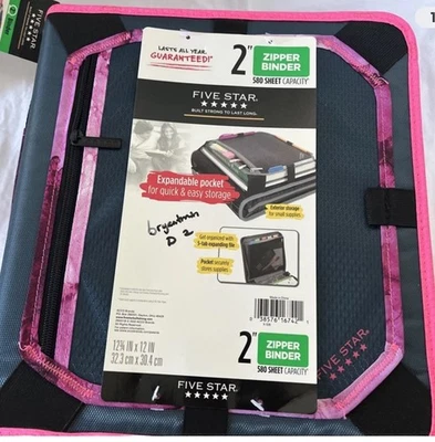 Carpeta con cremallera cosida Five Star 2" con panel de expansión en azul marino/rosa Foto 1 de 4