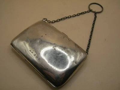 Antiga bolsa de moedas de prata esterlina com anel de dedo corrente forrada de couro - Imagem 1 de 4