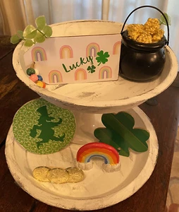 St. Patricks Day Tiered Tray Decor Lucky Wooden Table Signs Green - Picture 1 of 6