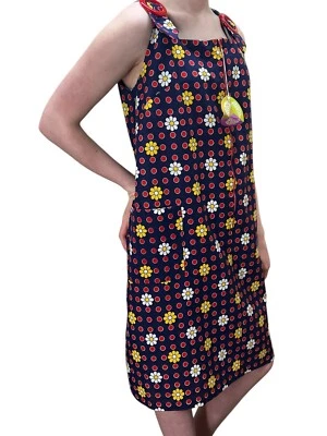 NOS Sz L Vtg 60s FLOWER POWER Dress MOD A-Line Sun House Front Metal Zip Pockets - Image 1 of 4