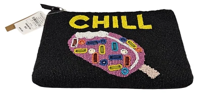 Neiman Marcus Beautiful Beaded Chill Wristlet Make Up Bag Clutch Ice Cream Black - Image 1 of 4