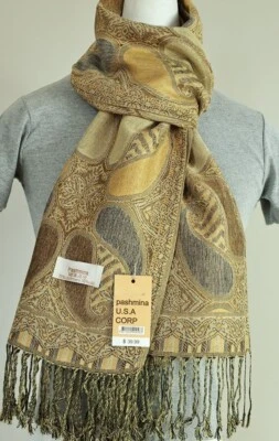 Para Mujer Mantón Pashmina Bufanda Envoltura, Paisley Beige Gris Seda, Cachemira*Suave Foto 1 de 3