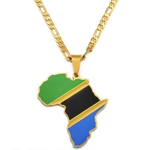 Tanzania Flag Africa Map Pendant Necklace & Gift Pouch, gold metal colour chain - Picture 1 of 2