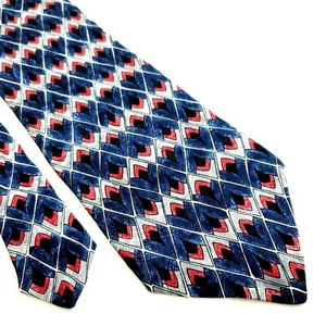 JT Beckett Blue Gray Red Geometric Print Wide Silk Tie - Picture 1 of 6