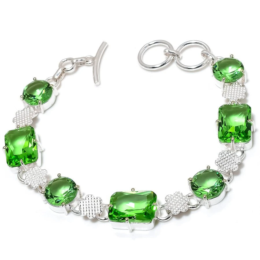 Peridot Quartz Gemstone Silver Plated Bracelet Dainty Jewelry 7-9" - Image 1 of 1