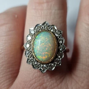 18CT YELLOW GOLD VINTAGE OPAL DIAMOND HUGE CLUSTER HALO RING MILGRAIN ART DECO Q - Picture 1 of 24
