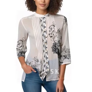 CITRON SANTA MONICA Silk Cotton Tunic Top Ivory Black Floral Sheer Pleated sz M - Picture 1 of 16