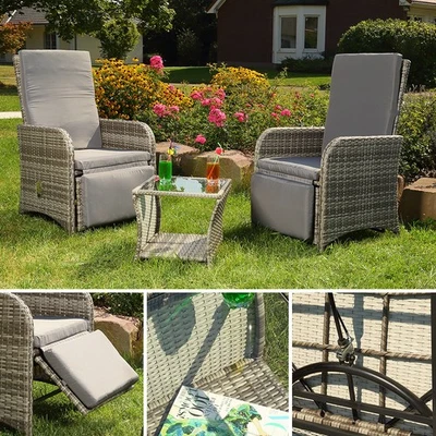 MUCOLA Sitzgarnitur 2 Sessel + Tisch Grau Polyrattan Lounge Garnitur Gartenmöbel Stuhl