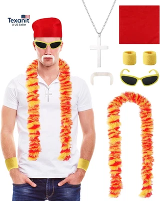 6 Pcs Halloween Wrestler Costume Kit Include Yellow and Red Feather Boa Kerchief - Image 1 of 4