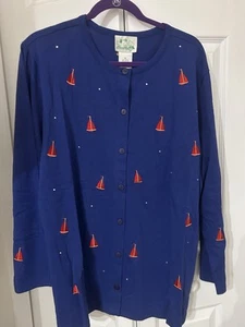 The Quacker Factory Cardigan Womens 1X Plus Navy Red Sailboats - Picture 1 of 5