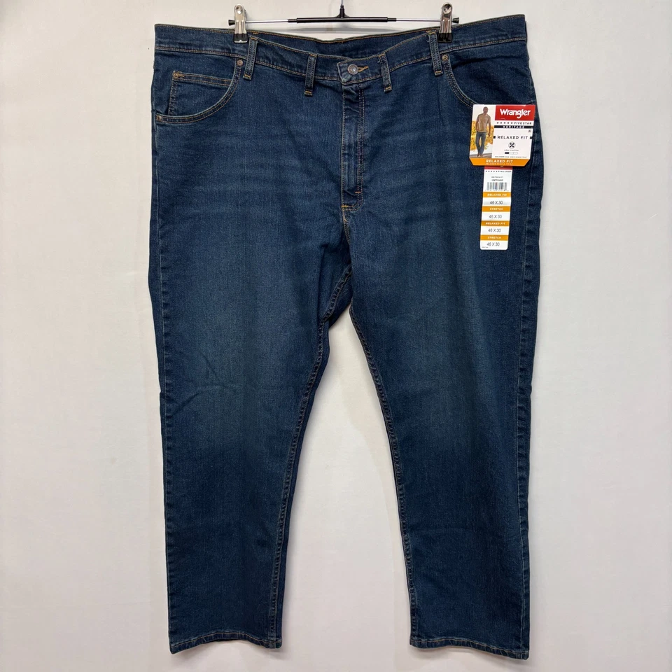 Mens 46 X 30 Wrangler Five Star Premium Relaxed Fit Flex Denim Blue Jeans