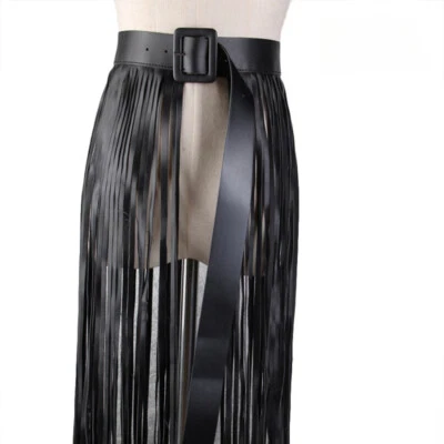 Women Faux Leather Tassel Skirt Waist Belt Long Fringe Waistband Gothic Black - Image 1 of 4
