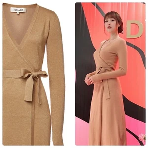 S 4 6 DVF Diane von Furstenberg EVELYN Camel Gold Metallic Wrap Maxi Dress AS IS - Picture 1 of 12