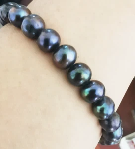 Charm 7.5"9-10mm Genuine Black Round Pearl Bracelet Jewelry Men Women - Picture 1 of 4