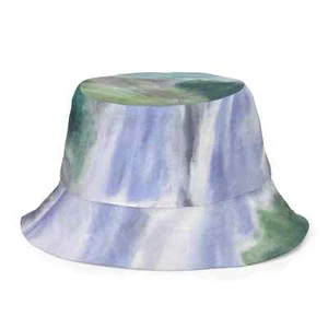 Reversible Bucket Hat Purple Watercolor Waterfall Green Landscape - Picture 1 of 10