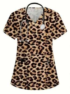 Leopard print Scrubs Top V-Neck - Picture 1 of 5