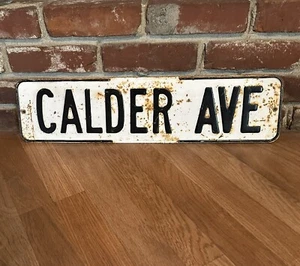 Vintage 1950's White Black Porcelain on Steel 24" Street Sign Calder Ave - Picture 1 of 8