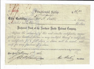 MINNESOTA 1876 Northern Pacific Railroad Company Scrip Stock Certificate RARE - Picture 1 of 2