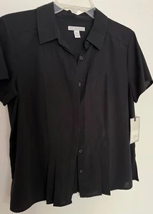 Camicia Dana Buchman nera classica 100% poliestere manica a S con colletto con bottone anteriore taglia PL - Foto 1 di 9