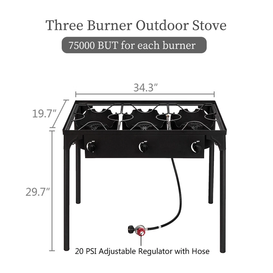 ZOKOP Portable Propane 225 000btu Gas Triple 3 Burner Outdoor Camping Stove BBQ